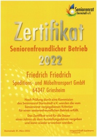 Friedrich Friedrich Zertifikat seniorenfreundlicher Betrieb 2022